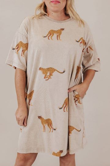 Apricot Plus Size Cheetah Print Side Pockets T Shirt Mini Dress BB Fashion Outlet