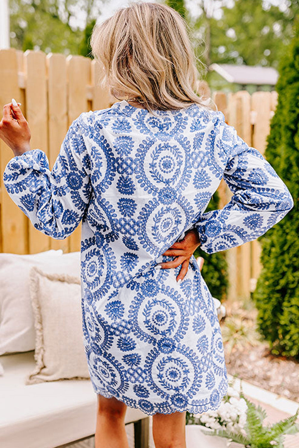 Blue Boho Floral Embroidered Notch V Neck Shift Mini Dress eAura