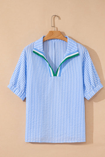 Striped Print Contrast Split Neck Dolman Sleeve Blouse eAura