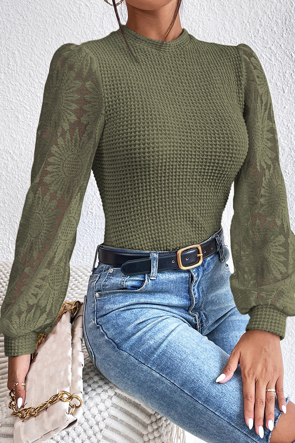 Peach Blossom Sunflower Mesh Bubble Sleeve Waffle Knit Top eAura