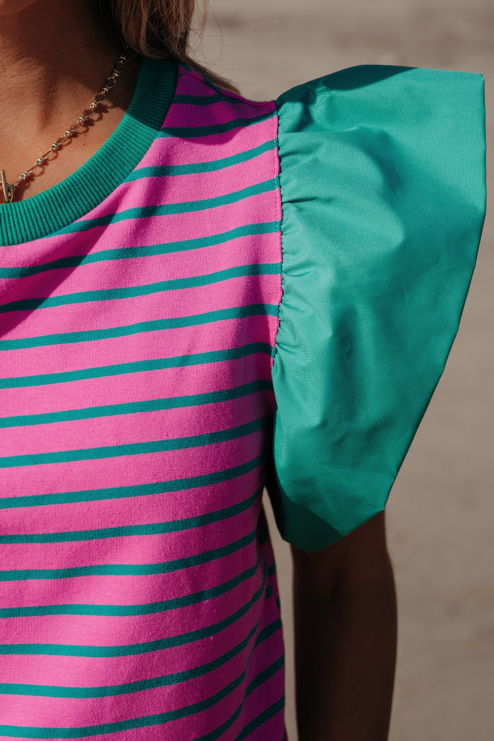 Pink Stripe Colourblock Ruffled Sleeve Crew Neck Blouse eAura