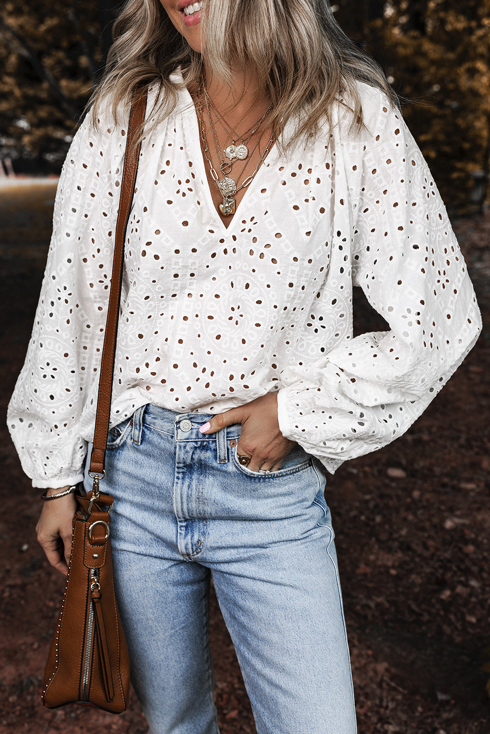 White Eyelet Embroidered Puff Sleeve V Neck Blouse eAura