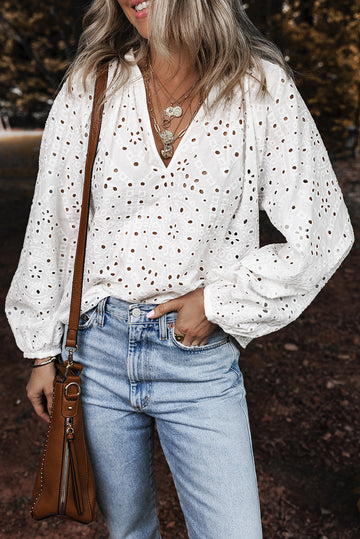 White Eyelet Embroidered Puff Sleeve V Neck Blouse eAura
