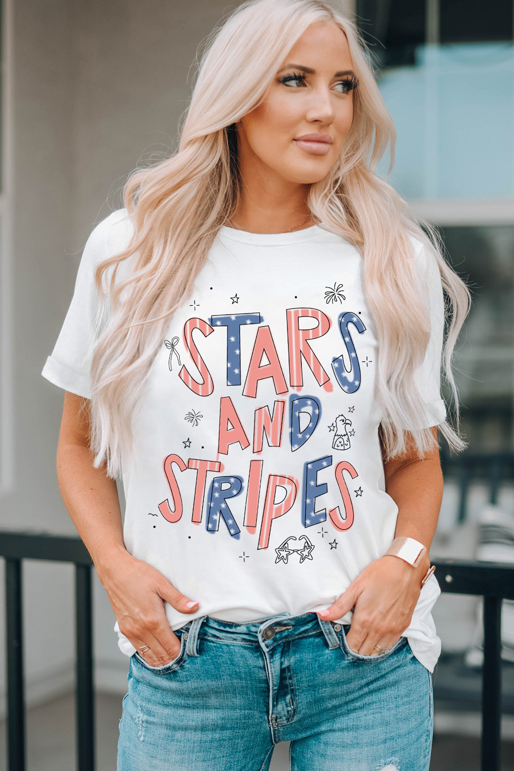 White STARS AND STRIPES Crew Neck Graphic Tee eAura