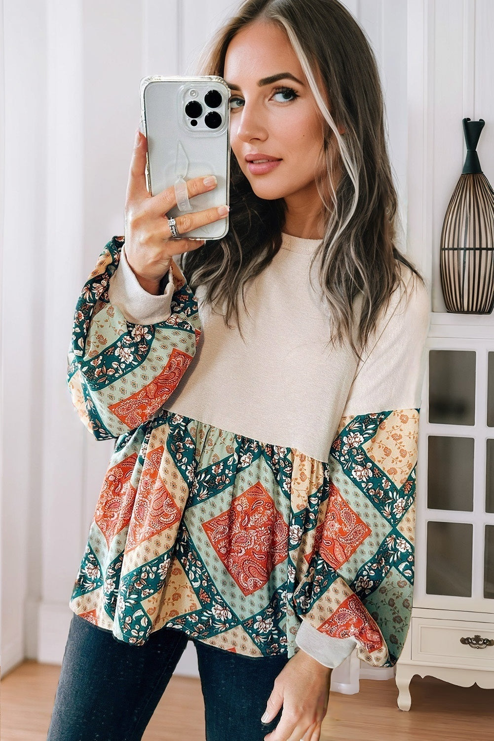 Jet Stream Paisley Geometric Patchwork Crew Neck Loose Fit Top eAura