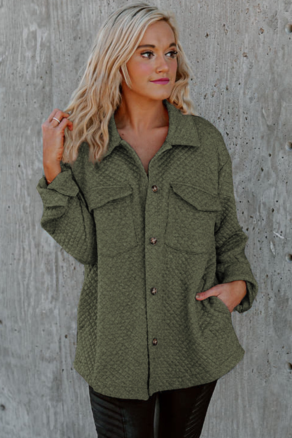Green Retro Quilted Flap Pocket Button Shacket eAura