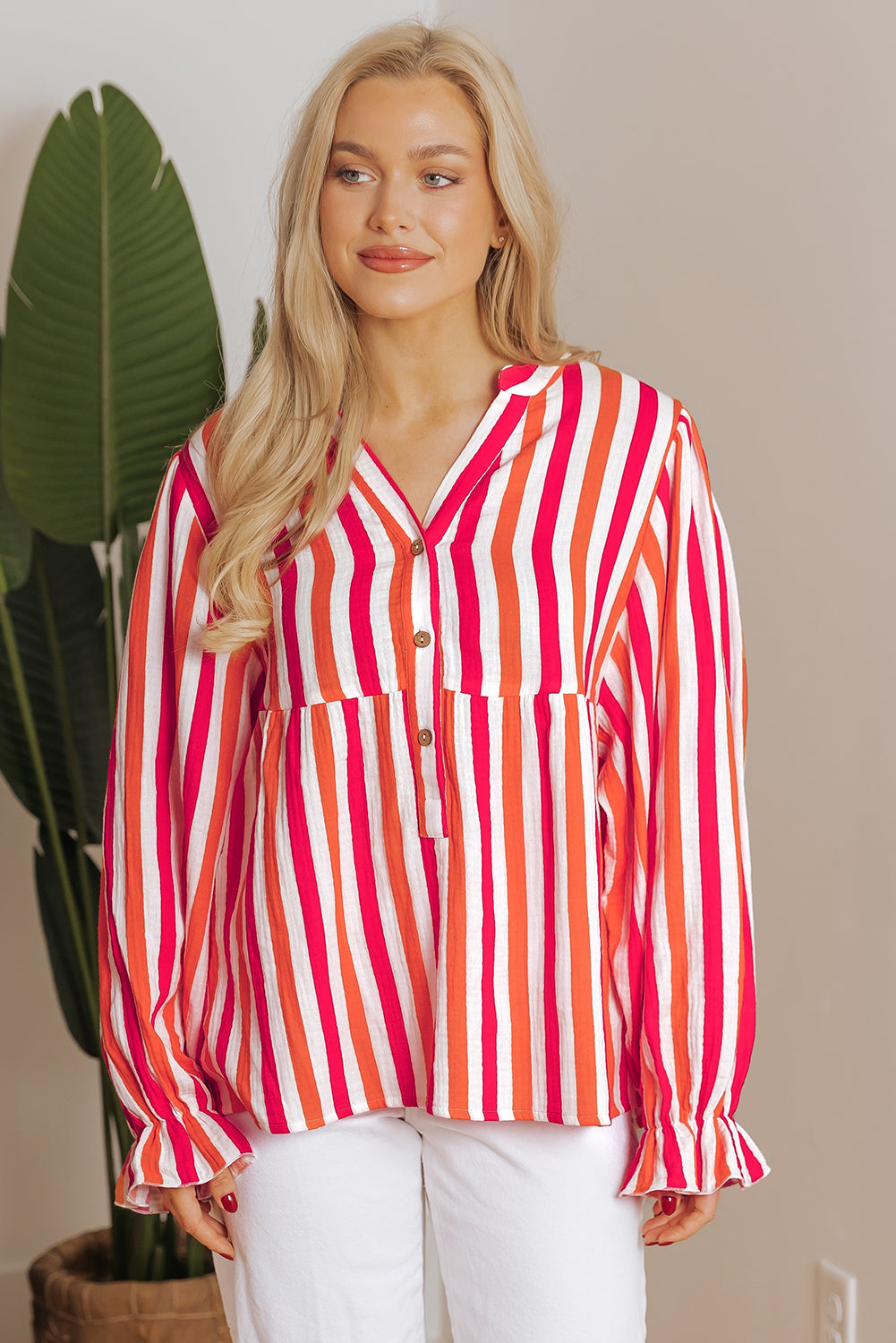 Orange Stripe Balloon Sleeve Notched V Neck Buttoned Front Blouse eAura