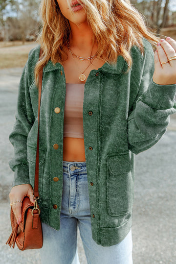 Green Vintage Washed Flap Pocket Button Shacket Beagle Boutique Fashion Outlet