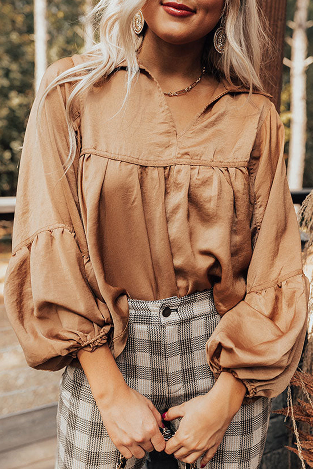 Brown Puff Sleeve Collared Pleated Babydoll Blouse eAura