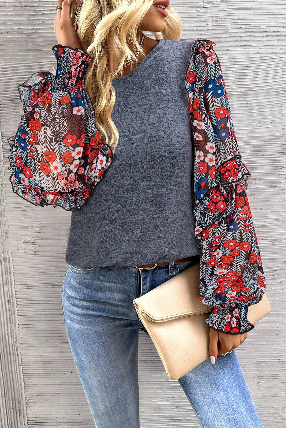 Pale Chestnut Ruffle Tiered Floral Sleeve Crew Neck Blouse eAura