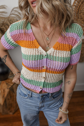 Orange Colourblock Striped Pointelle Knit V Neck Buttoned Crop Short Sleeve Sweater eAura