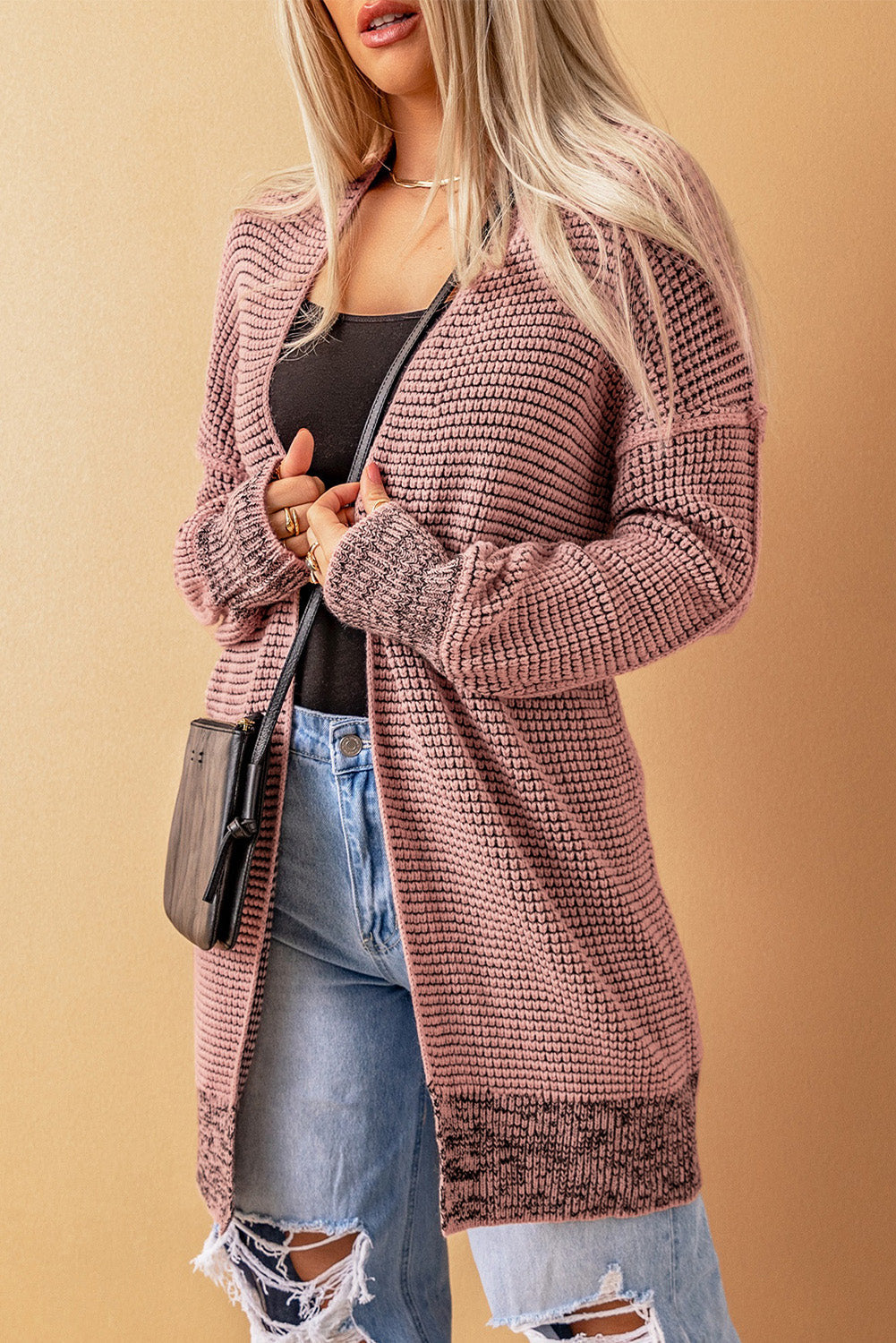 Apricot Plaid Knitted Long Open Front Cardigan eAura