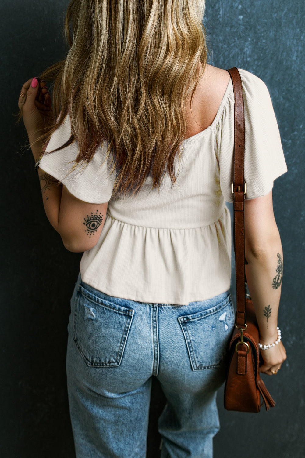 Oatmeal Shirred V Neck Short Flutter Sleeve Textured Blouse eAura