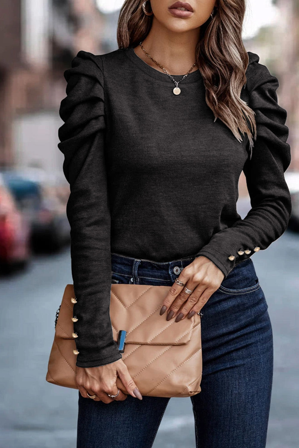 Khaki Buttoned Puff Long Sleeve Sheath Top eAura