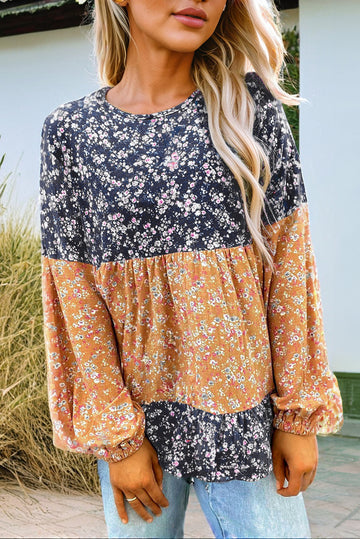 Blue Floral Colour Block Patchwork Ruffled Hem Round Neck Blouse eAura