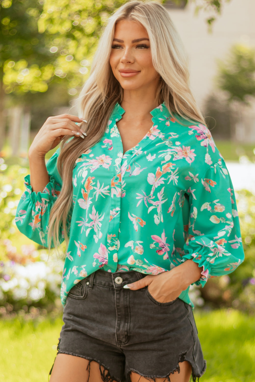 Green Floral Lantern Sleeve Button Front Shirt eAura