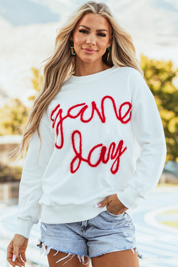 White Tinsel Game Day Drop Shoulder Graphic Sweatshirt eAura