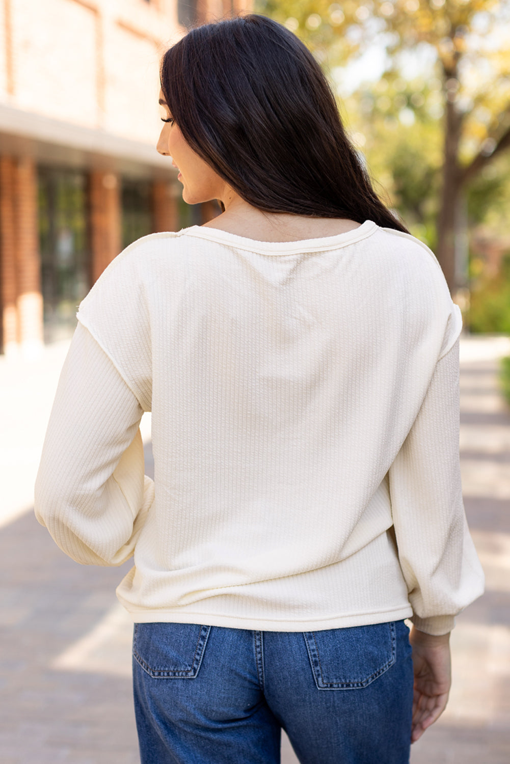 White Ribbed Exposed Seam Knit Patchwork Drop Sleeve Top eAura