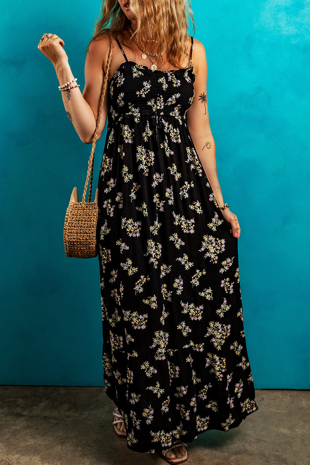 Black Floral Spaghetti Strap Shirred Bodice Tied Empire Waist Maxi eAura Black Floral Spaghetti Strap Shirred Bodice Tied Empire Waist Maxi eAura
