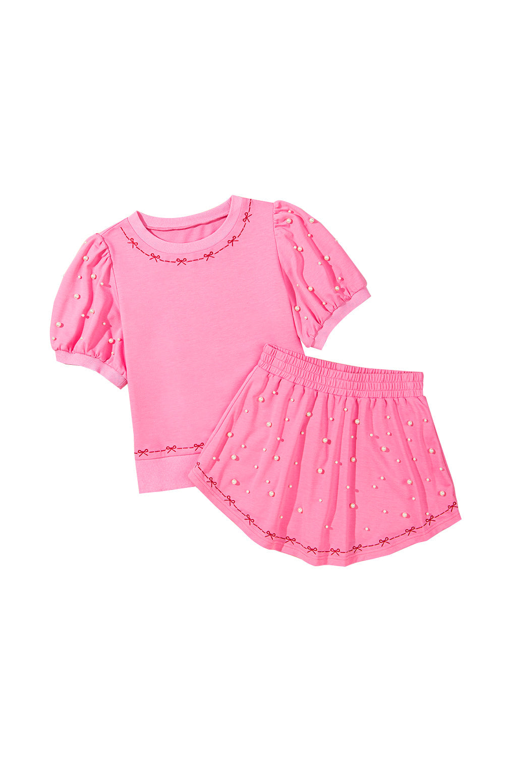 Pink Contrast Bow Trim Pearl Puff Sleeve Top and Skort Co-ord eAura