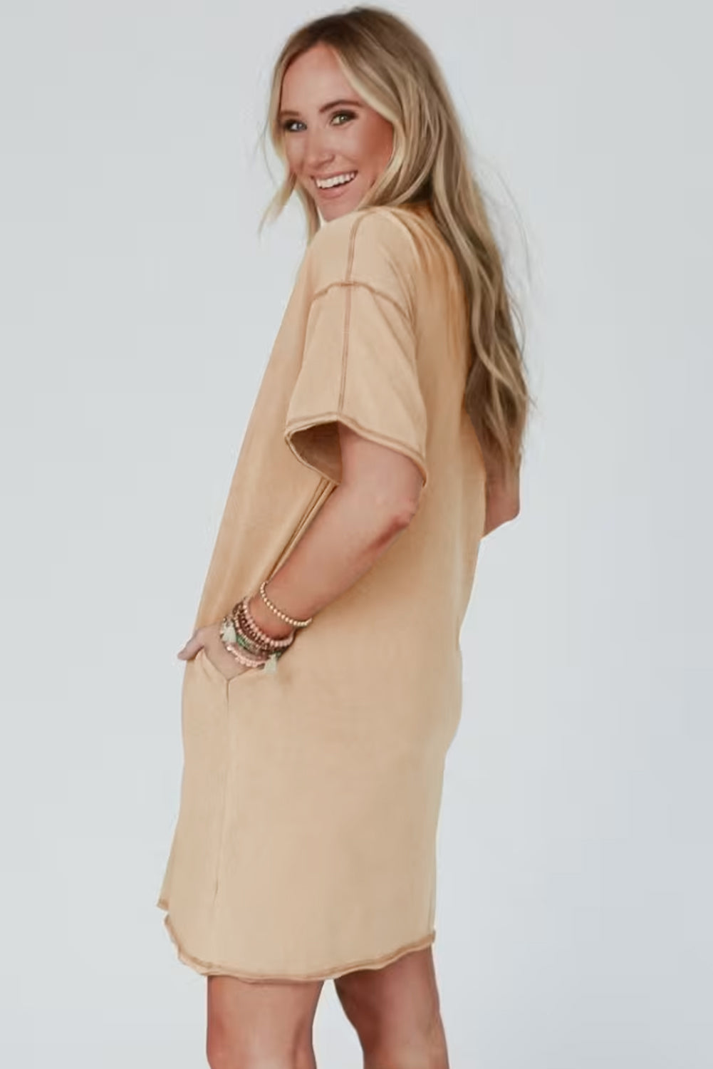 Pale Khaki Mineral Wash Stud Beaded Star Graphic Pocketed T Shirt Dress eAura