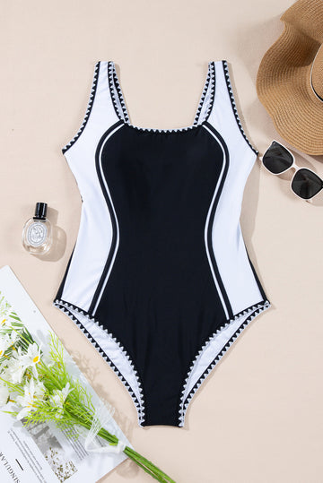Black Colour Block Ric Rac Trim U Neck One Piece Swimsuit eAura