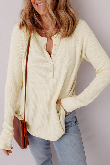 Oatmeal Textured Knit Half Buttons Henley Top - eAura
