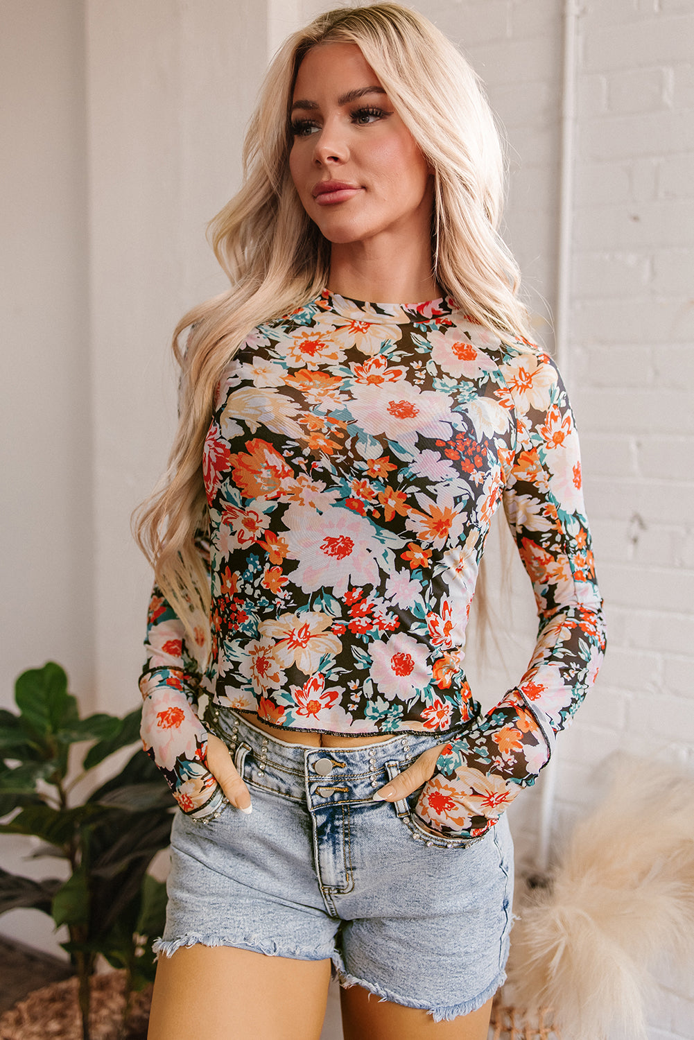 Orange Floral Mesh Slim Long Sleeve Crop Top eAura