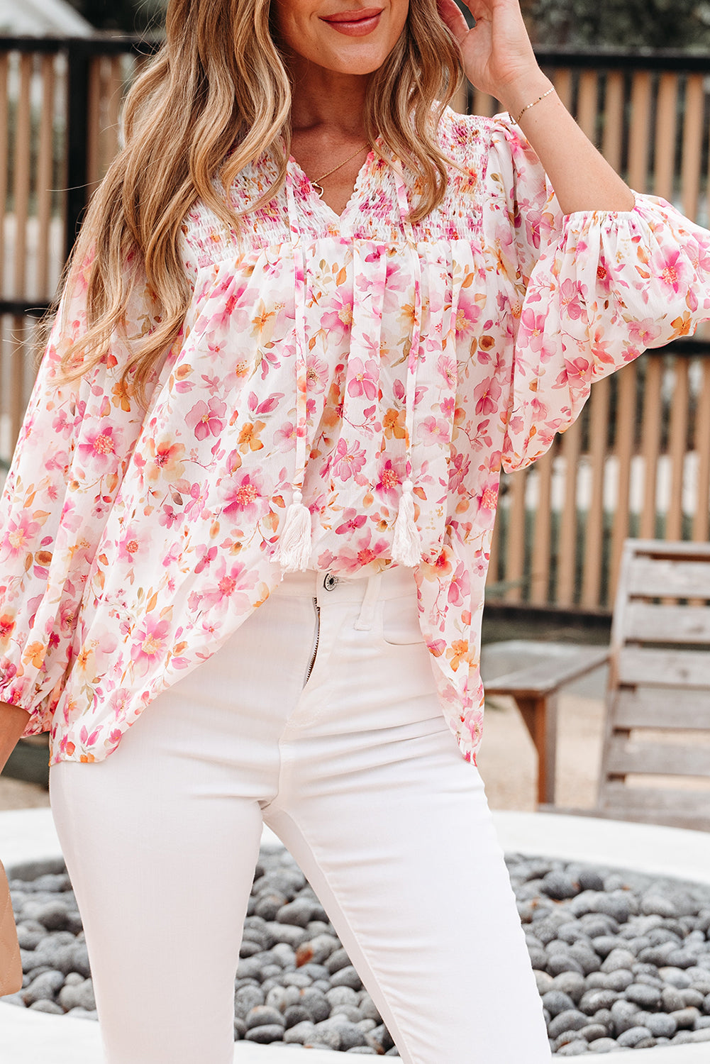 Pink Floral Print Tassel Tie Smocked V Neck Puff Sleeve Tunic Blouse eAura