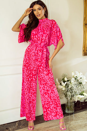 Rose Leopard Loose Sleeve Belted Wide Leg Jumpsuit eAura