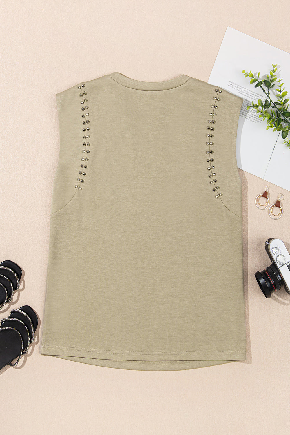 Studded Cap Sleeve Round Neck T Shirt eAura