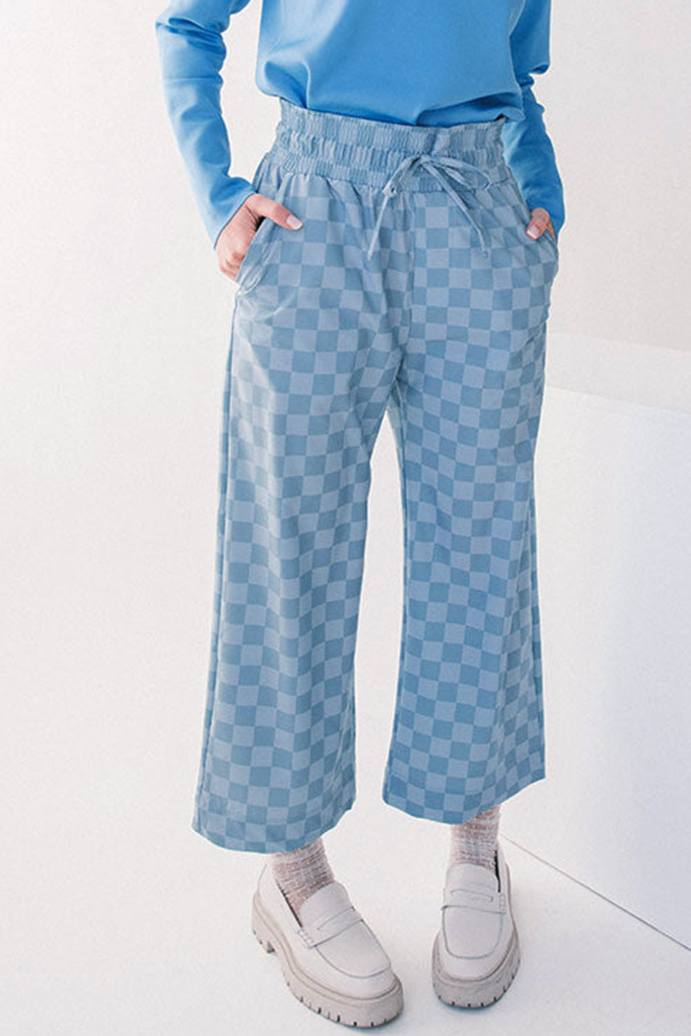 Checkered Elastic High Waist Loose Casual Trousers eAura