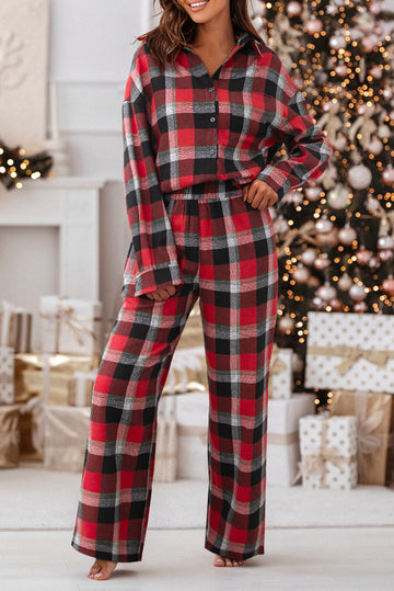 Red Christmas Checkered Pattern Loose Shirt and Pants Pyjama Set - eAura