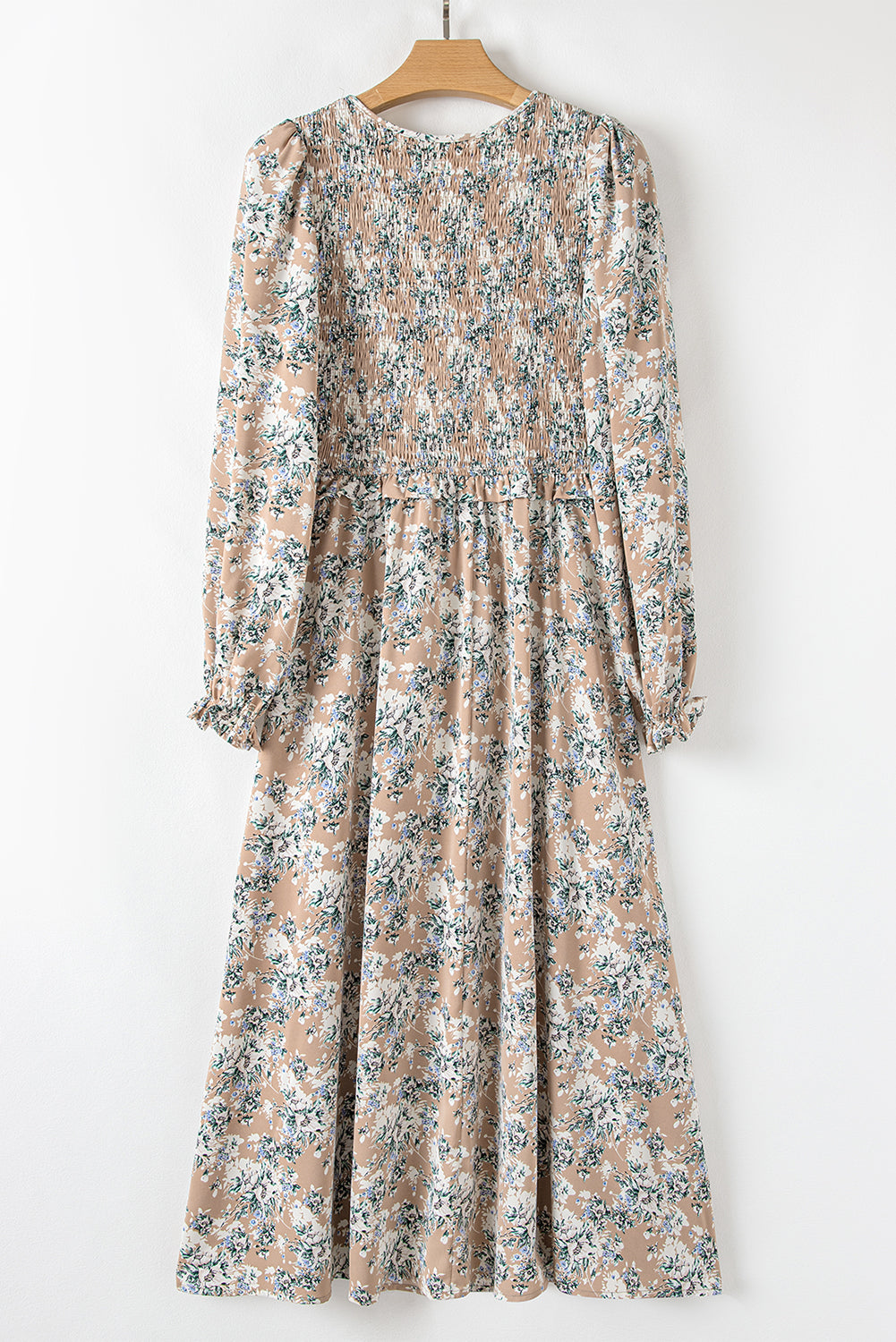 Khaki Maple Grove Floral Smocked Puff Sleeve Long Dress eAura