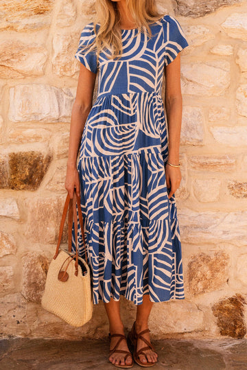 Sky Blue Boho Printed Short Sleeve Flare Tiered Dress eAura