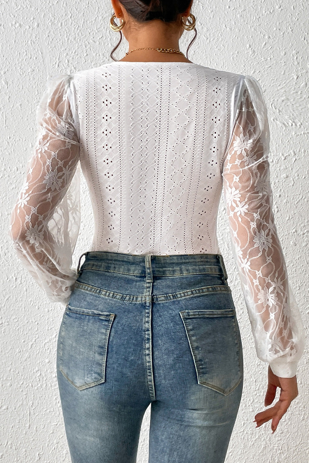 White Frenchy Contrast Lace Bishop Sleeve Bodysuit eAura