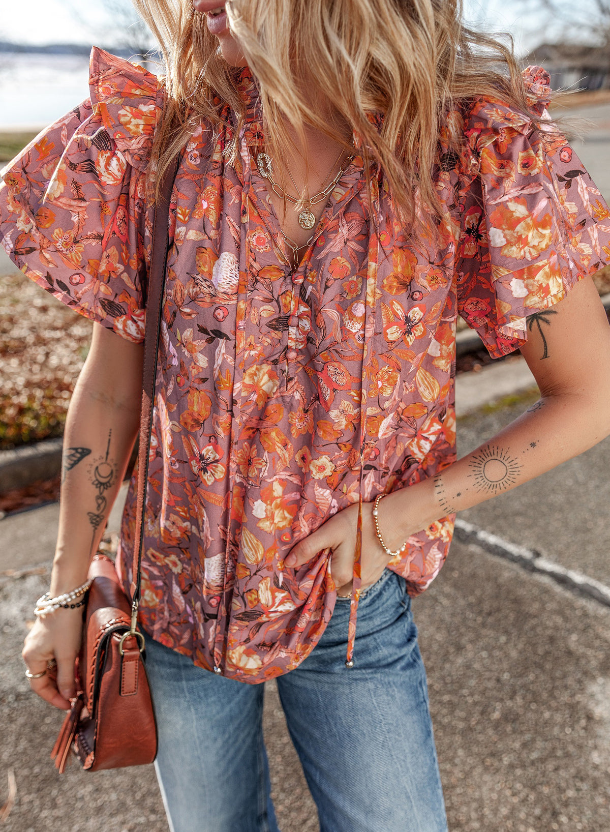 Orange Floral Print Ruffled Flutter Sleeve Frilled V Neck Blouse eAura