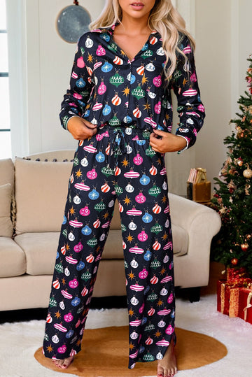 Navy Christmas Lights Print Shirt Pyjama Set eAura