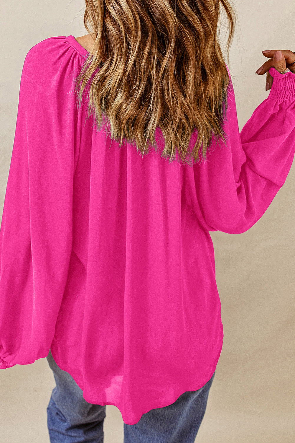 Rose Pleated V Neck Puffy Sleeve Blouse eAura