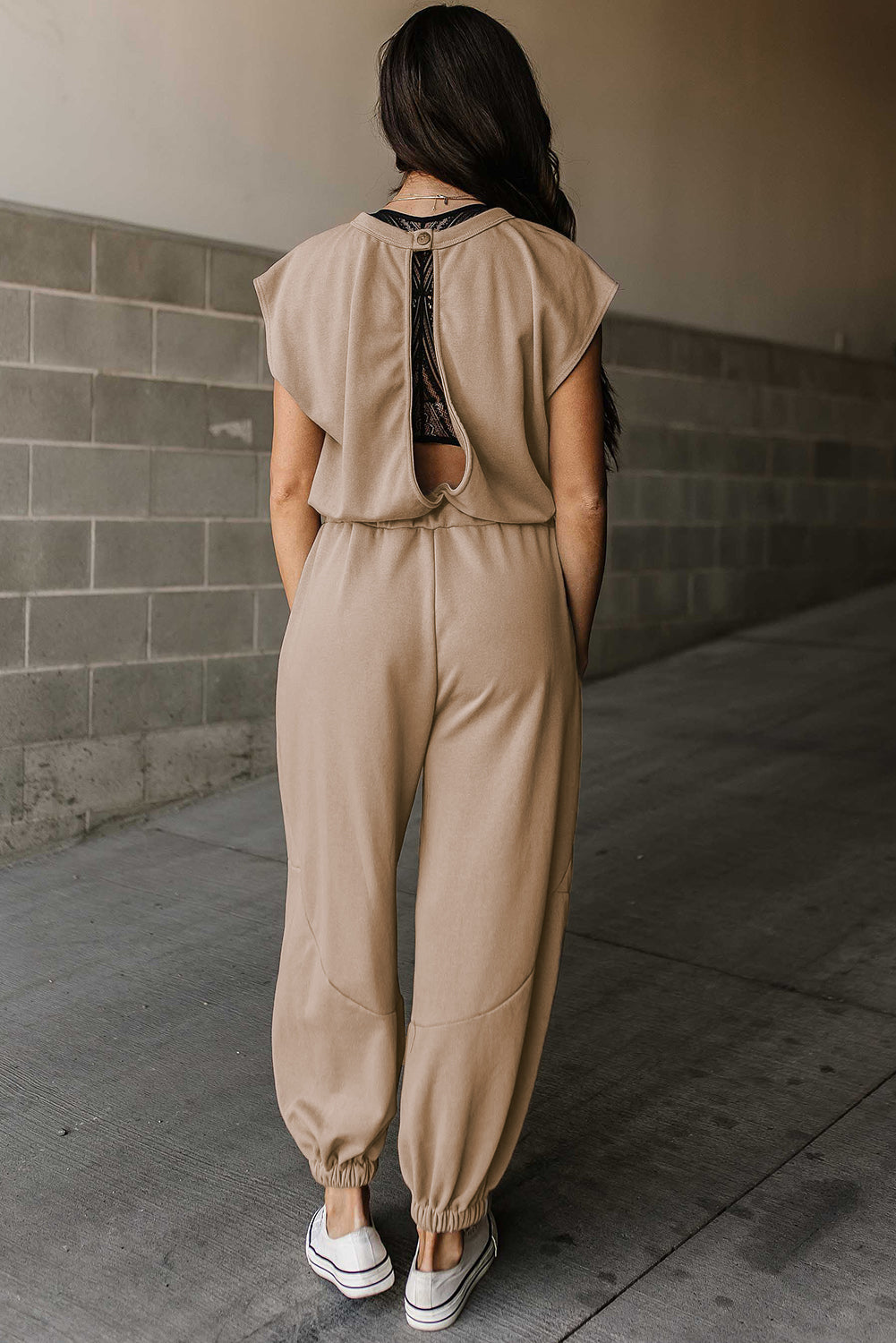 Light French Beige Cap Sleeve Open Back Drawstring Jogger Jumpsuit eAura
