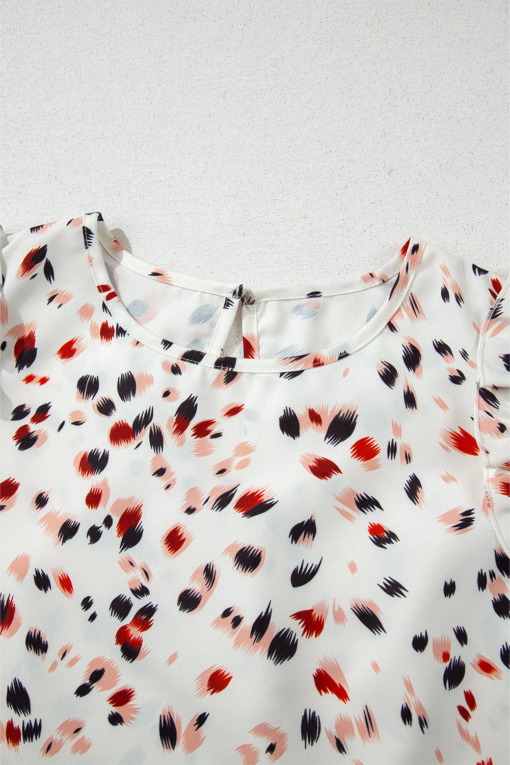 Beige Abstract Print Ruffle Flutter Sleeve Keyhole Back Slim Blouse eAura