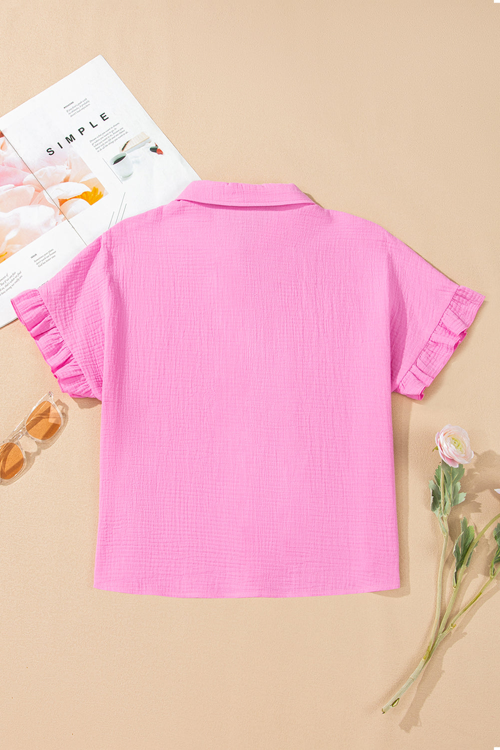 Bonbon Mineral Wash Textured Ruffle Trim Short Sleeve Shirt eAura