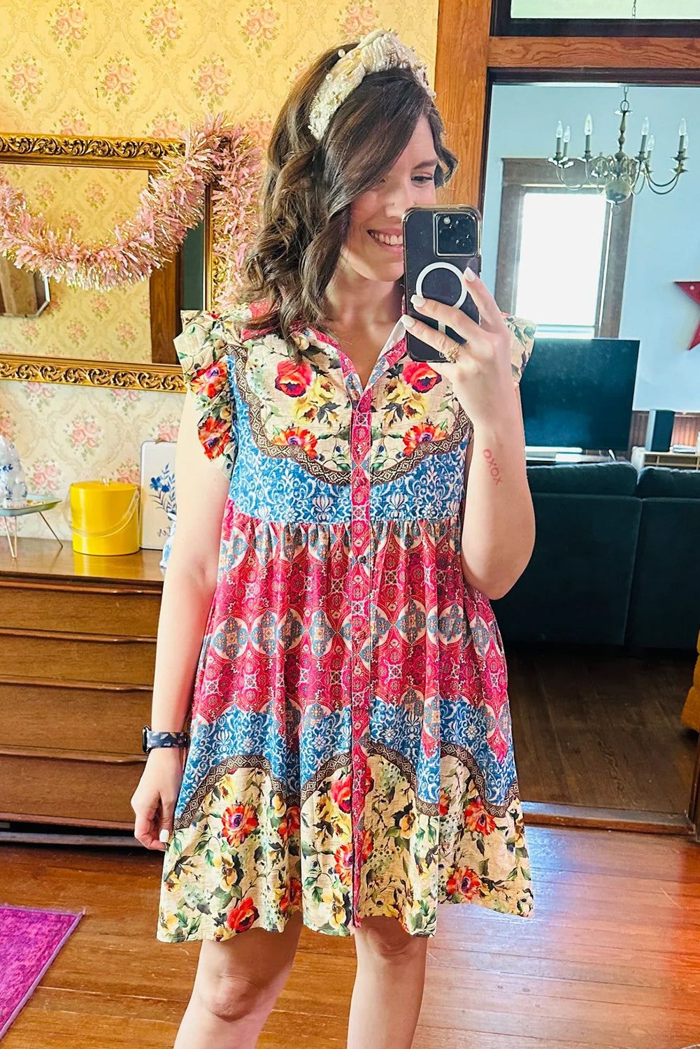 Rose Floral Mixed Pattern Ruffle Flutter Sleeve Buttoned Dress eAura
