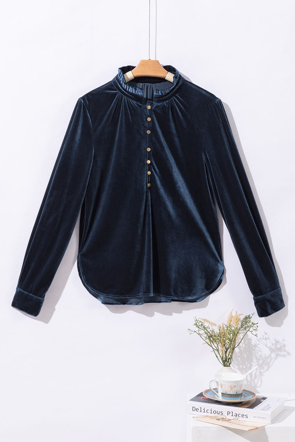 Burgundy Frilled Neck Buttoned Front Velvet Top eAura