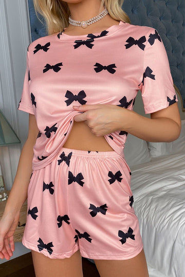 Pink Bow Printed Short 2pcs Lounge Set Pyjamaes eAura