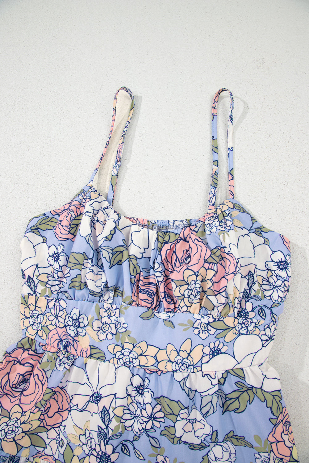 Sky Blue Floral Tiered Patchwork Spaghetti Strap Dress eAura
