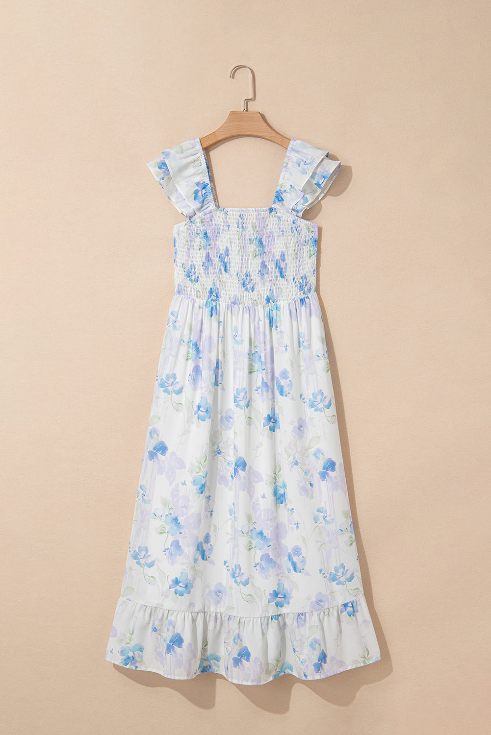Sky Blue Floral Smocked Ruffle Sleeveless Maxi Dress eAura