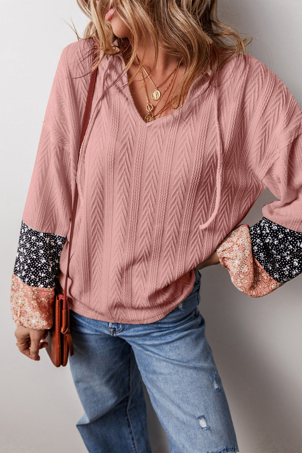 Dusty Pink Floral Patchwork Textured Knit Drawstring V Neck Blouse eAura