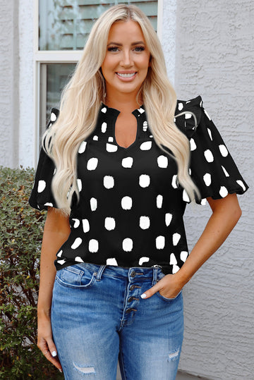 Black Polka Dot Print Shirred Yoke Notched Neck Balloon Sleeve Blouse eAura