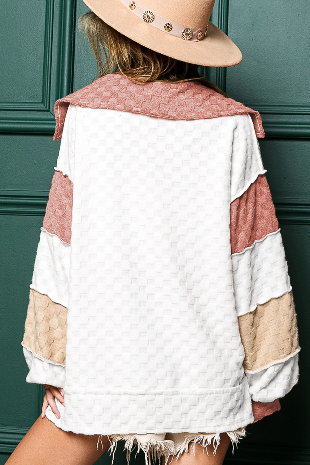 White Plaid Patchwork Exposed Seam V Neck Loose Top eAura